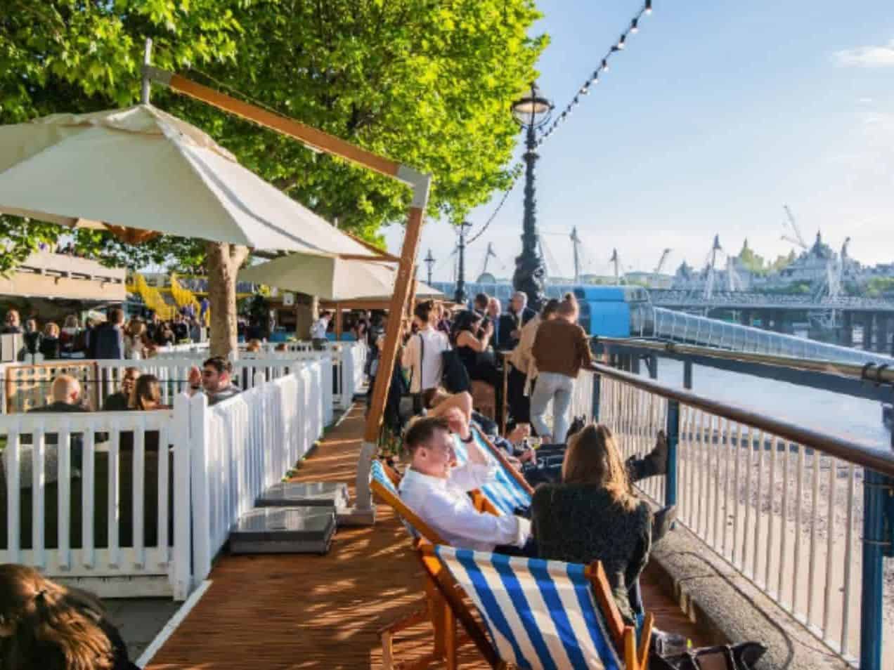 People sitting alongside the river Thames in the sun